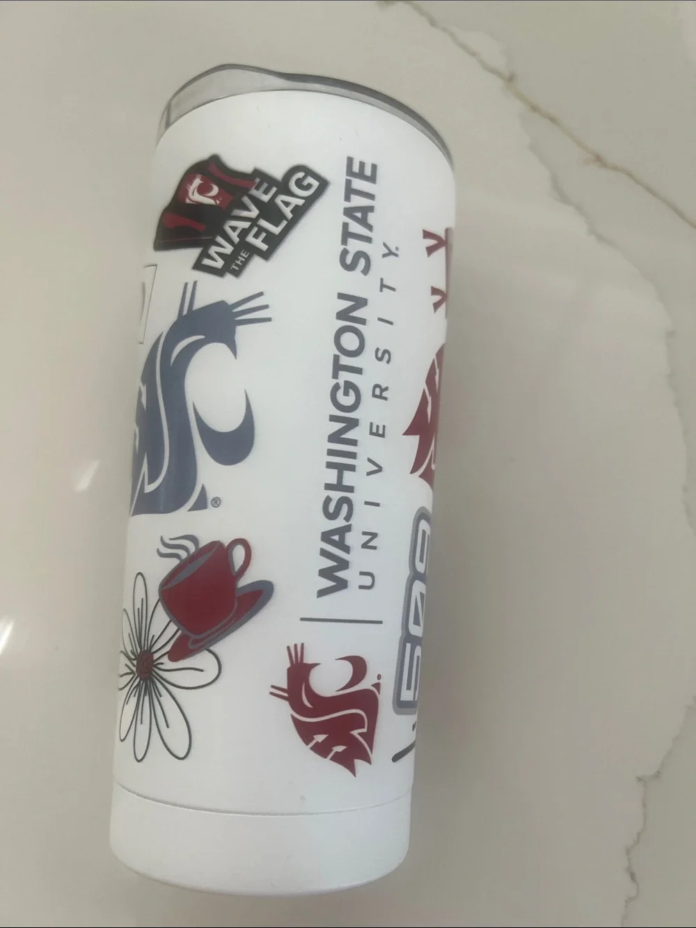 WSU Cougs! Corkcicle White Travel Tumbler with Maroon and Gold Graphics